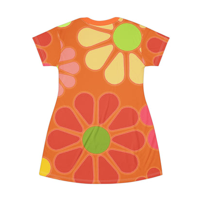 Orange Groovy retro party T-Shirt Dress, summer beach, picnic dress, day casual dress