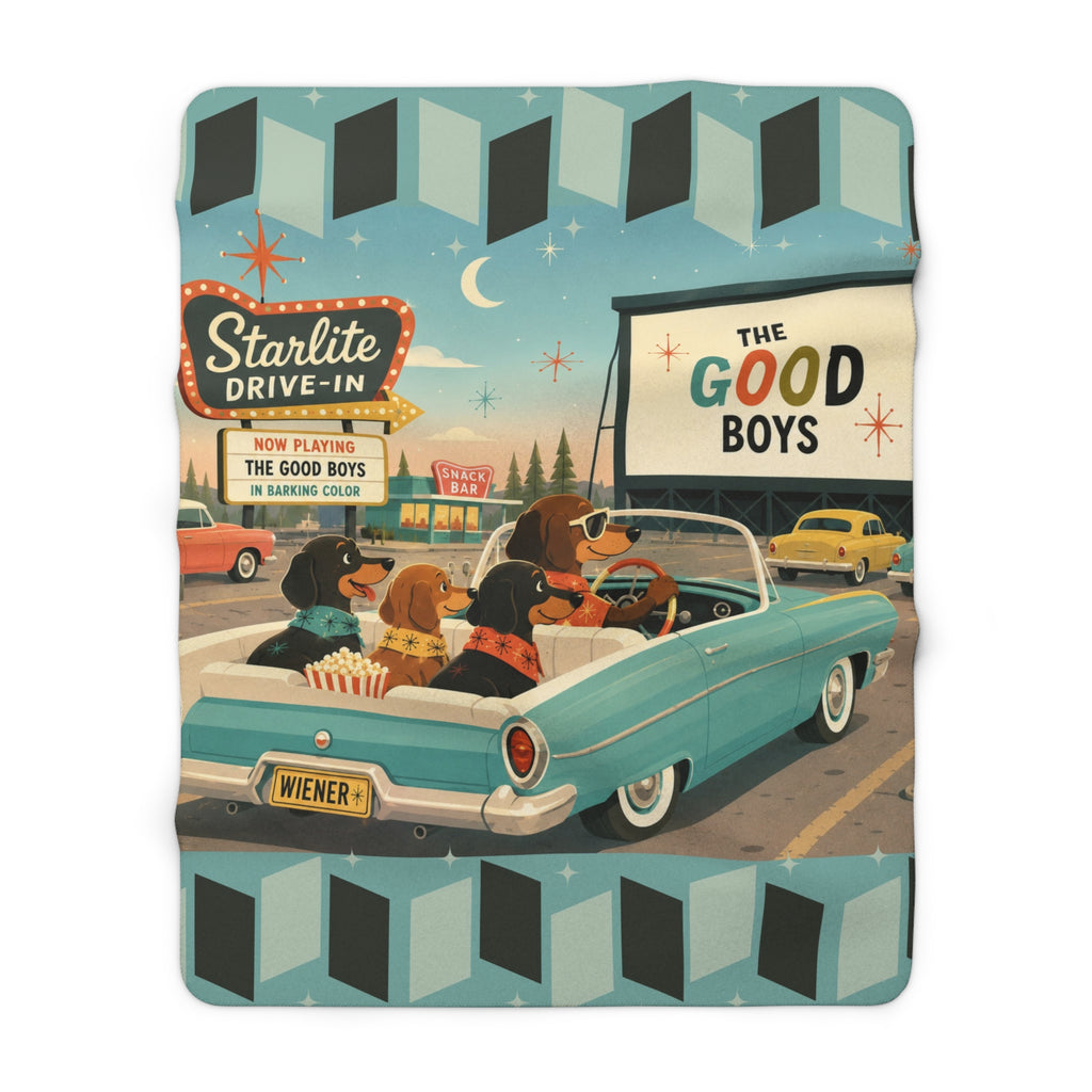 Drive-In Dachshund Dogs Sherpa Fleece Blanket | Retro Movie Night, Vintage 1950s Car & Canine