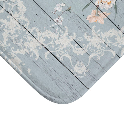 Shabby Chic Blue printed wood look Bath Mat with Birds and Blossoms, vintage inspired, floral bathroom decor