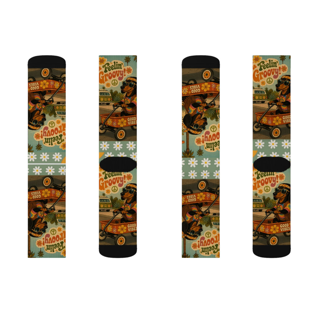 Feelin' Groovy Retro Dachshund Illustration Socks | Vintage Hippie Floral Pattern