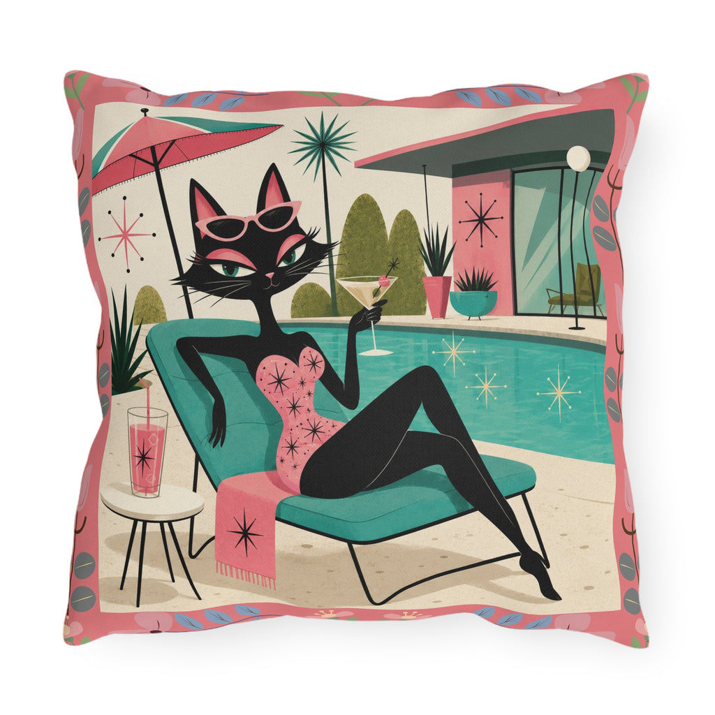 Retro Poolside Cat Outdoor Pillow | Mid Century Modern Cocktail