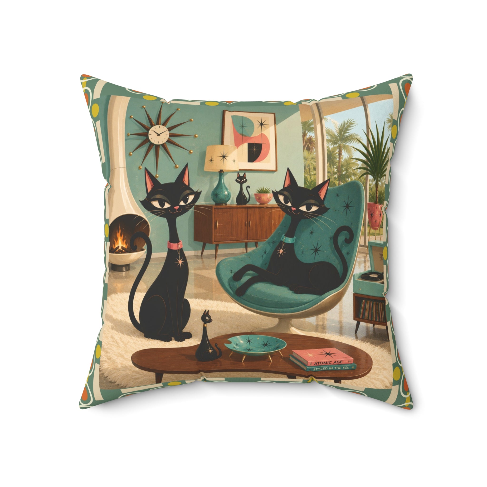 Mid Century Atomic Black Cats Pillow | Retro Living Room Cat Illustration