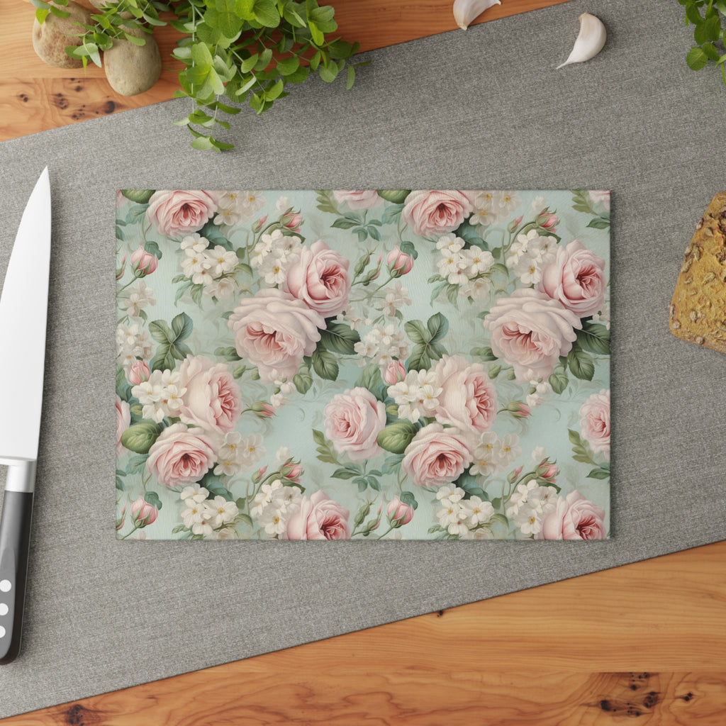 Vintage pink roses shabby chic inspired farmhouse county cottage glass cutting board