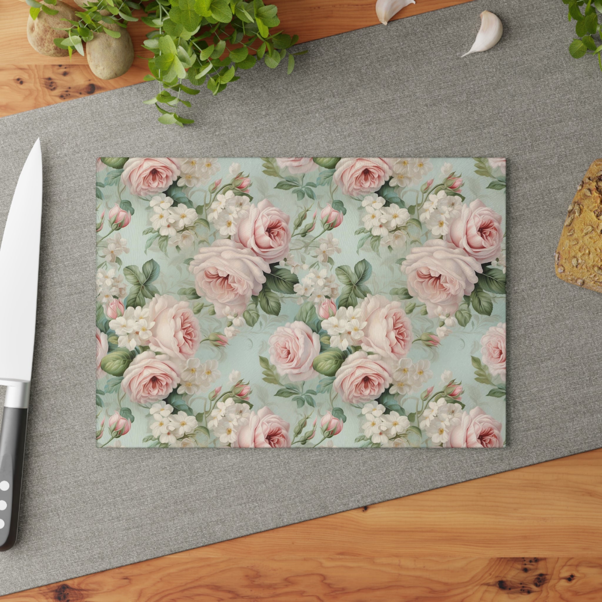 Vintage pink roses shabby chic inspired farmhouse county cottage glass cutting board