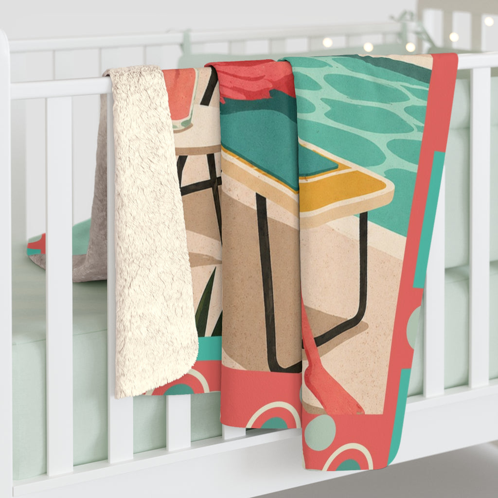 Retro Flamingo sun bathing Sherpa Blanket | Mid Century Tropical Throw
