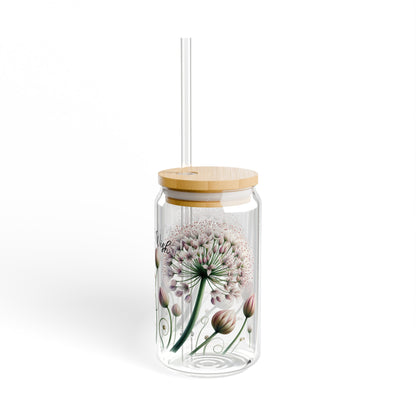 Dandelion make a wish floral Sipper Glass, 16oz, flower glass, cute drinking glass, iced coffee glass with lid and straw