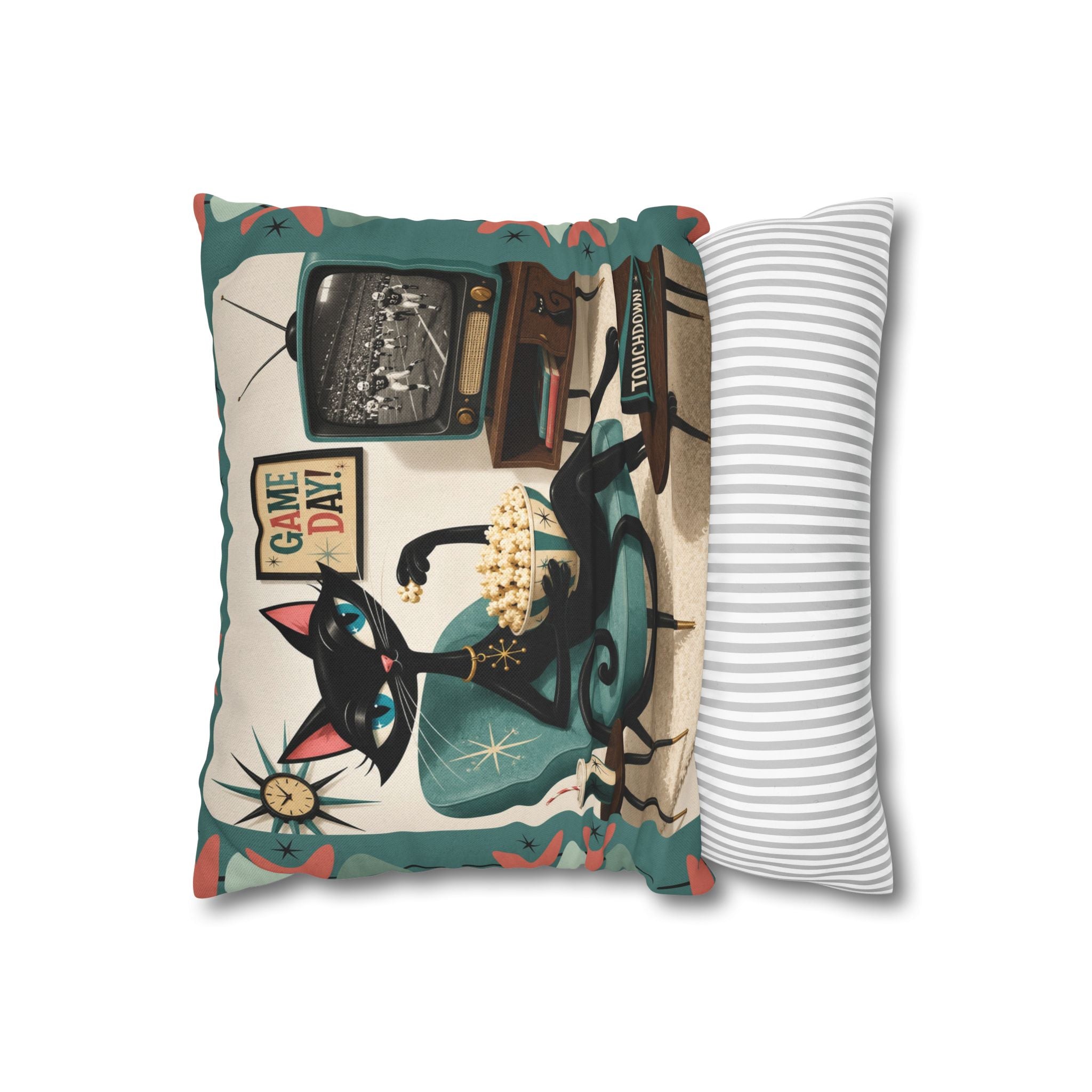 Retro Atomic Black Cat Watching Football Pillowcase | MCM Square Throw Pillowcase - Indoor use