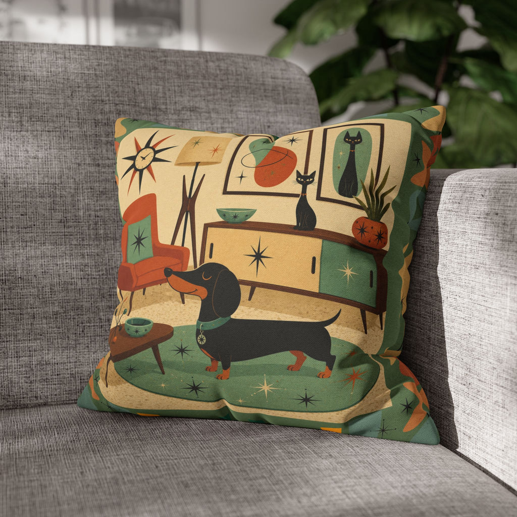 Mid-Century Living Room Dachshund Pillowcase | Square Pillowcase - COVER ONLY