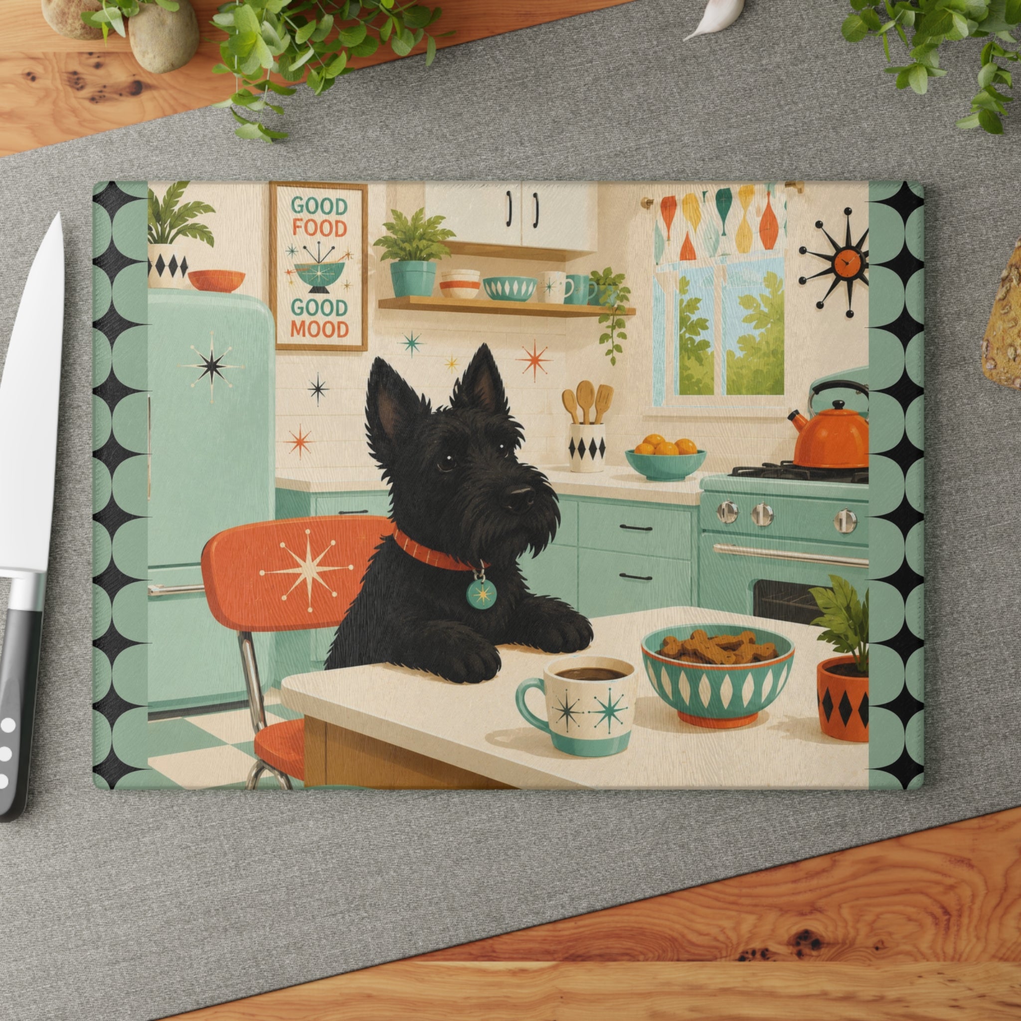 Retro Kitchen Scottish Terrier Glass Cutting Board | Mid Century Dog Art