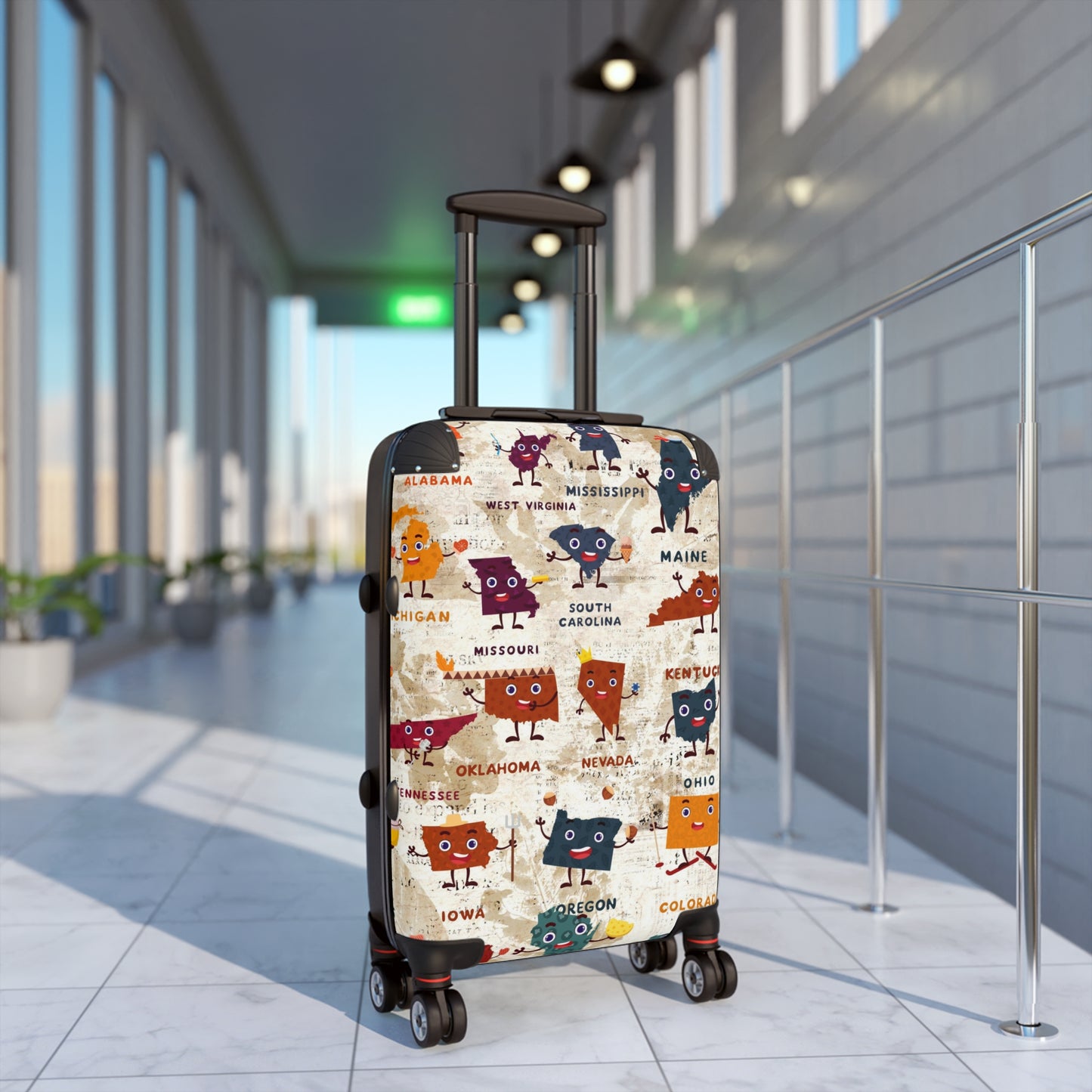 USA little maps travelling Suitcase on wheels, carry on luggage, secure lockable travel case, kids or adults