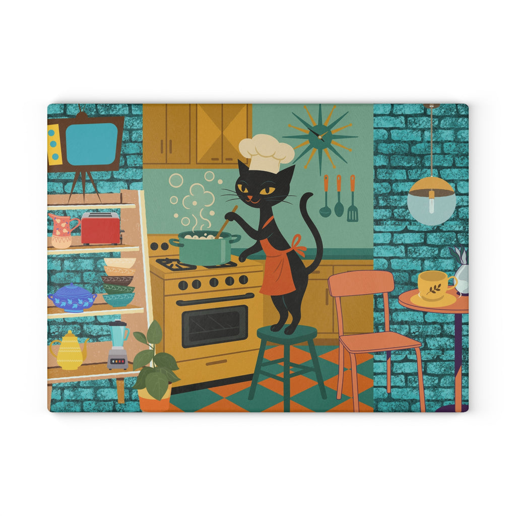 Whimsical Atomic Cat Glass Cutting Board, Retro Kitchen Decor, black Cat Lover Gift, Unique Cooking Accessory, Fun Gift Idea for Home