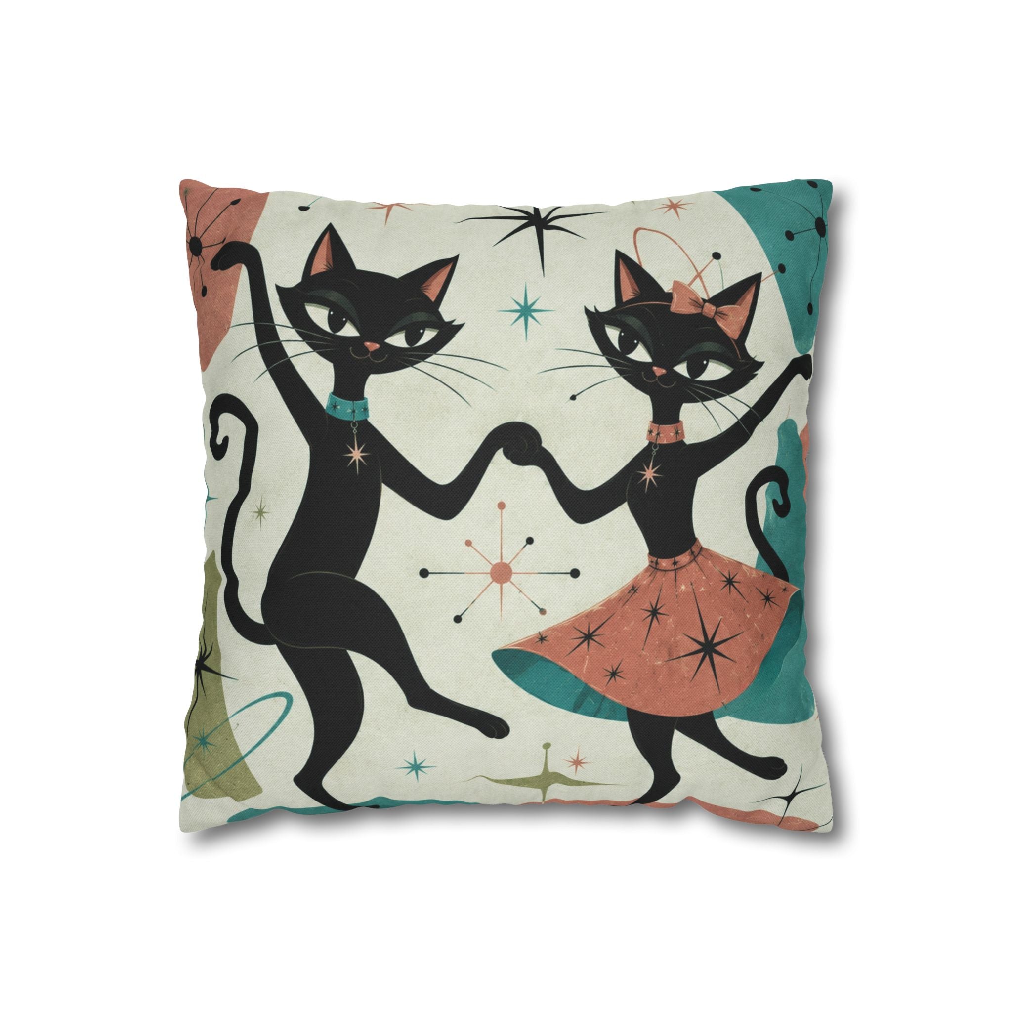Dancing Retro Atomic Black Cats Pillowcase | Square Throw Pillowcase - COVER ONLY