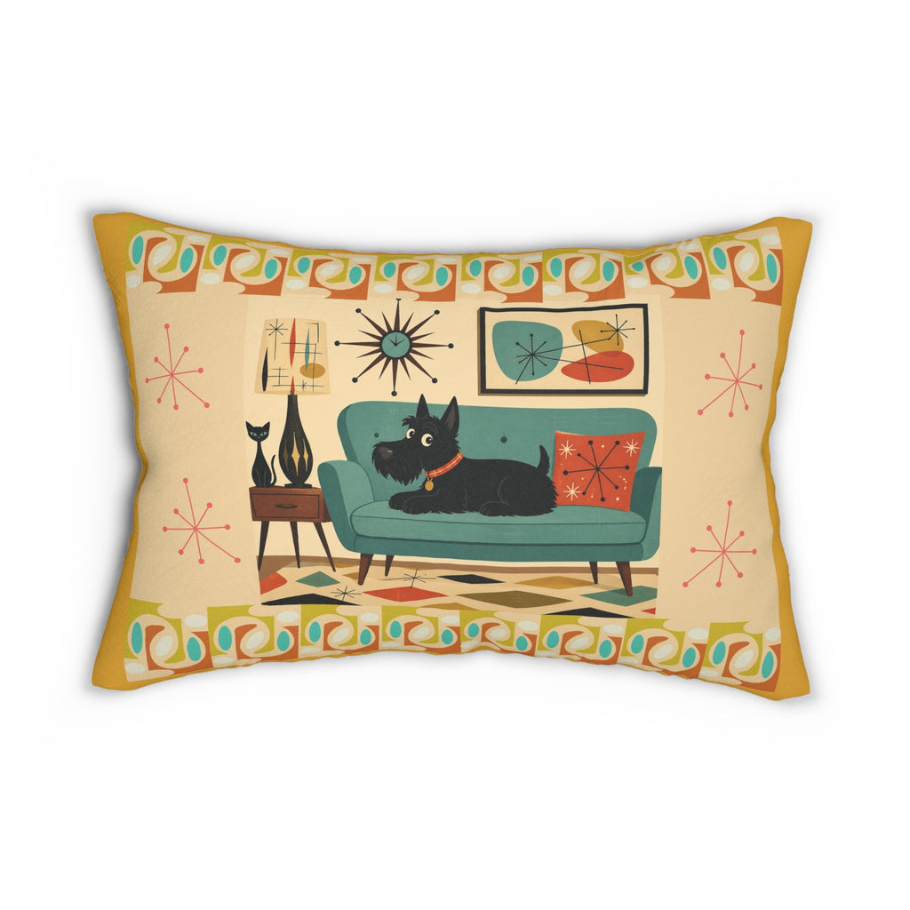 Mid Century Scotty Dog on Teal Sofa Lumbar Pillow | Retro Atomic Living Room