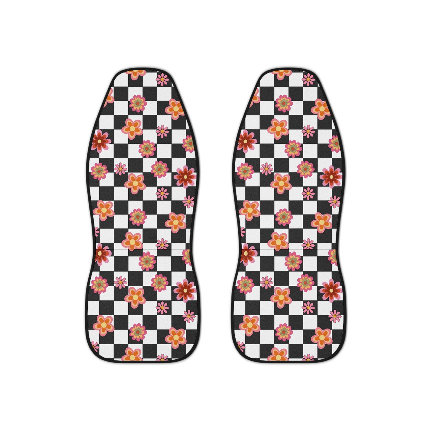 Reviving Retro Chic: Checkered Pattern Car Seat Covers Adorned with Vibrant Retro Flowers