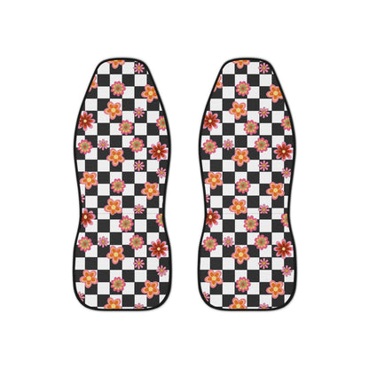 Reviving Retro Chic: Checkered Pattern Car Seat Covers Adorned with Vibrant Retro Flowers