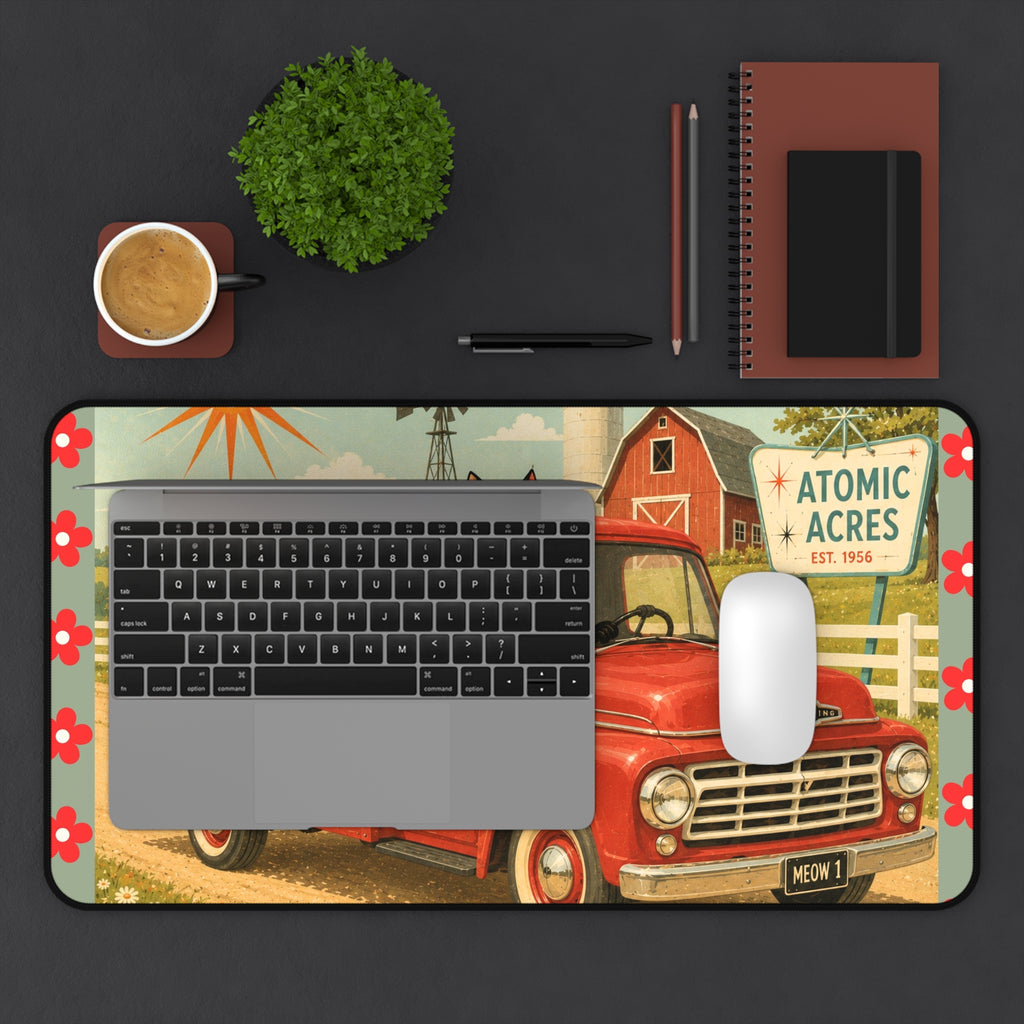 Retro Red Truck with Atomic Black Cats Desk Mat | Atomic Acres Farm Mousepad
