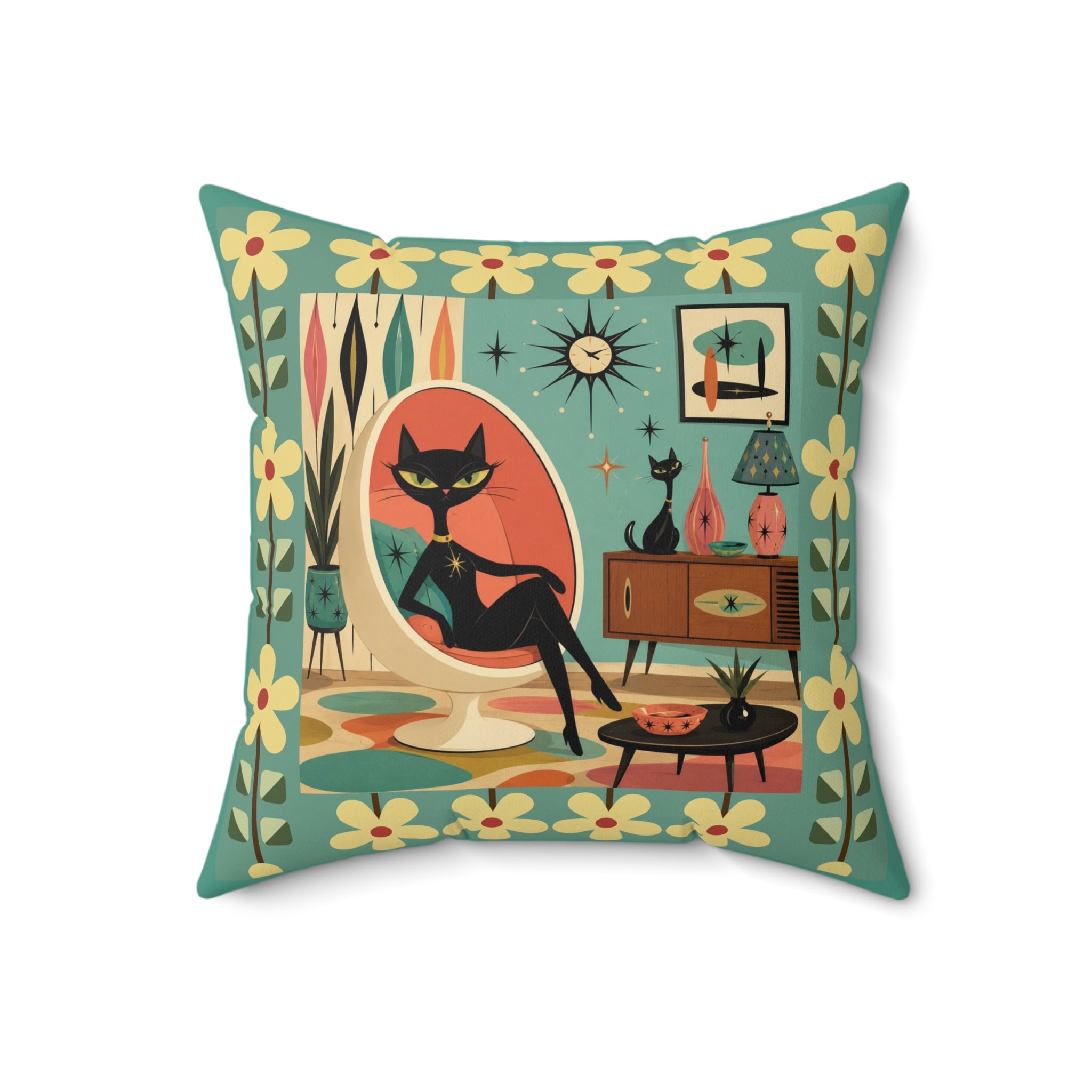 Mid Century Retro Atomic Black Cat in Egg chair Pillow | 1950s Vintage Living Room Decor