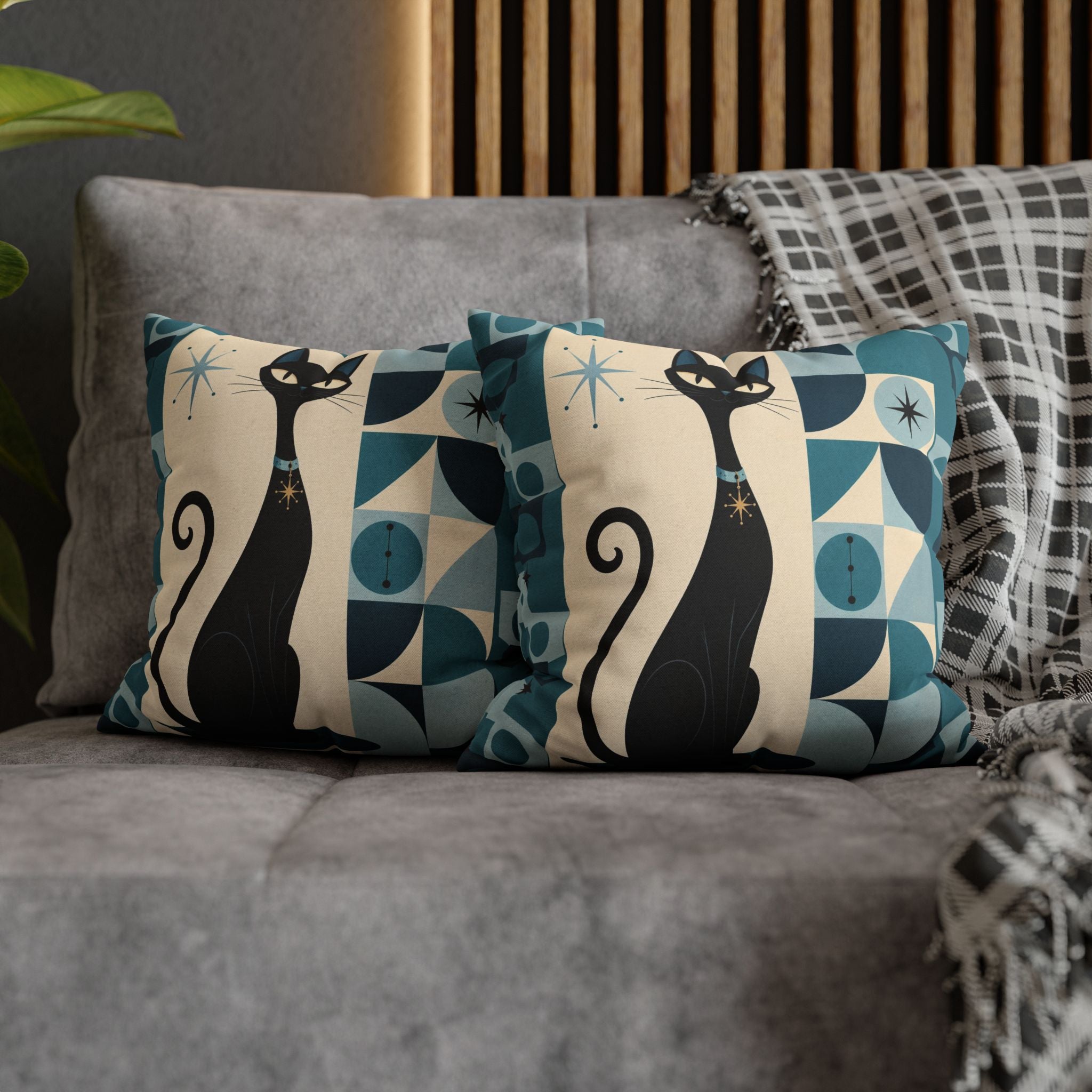 Mid Century Atomic Black Cat Pillowcase | Square Pillowcase, Retro Geometric Cat - COVER ONLY