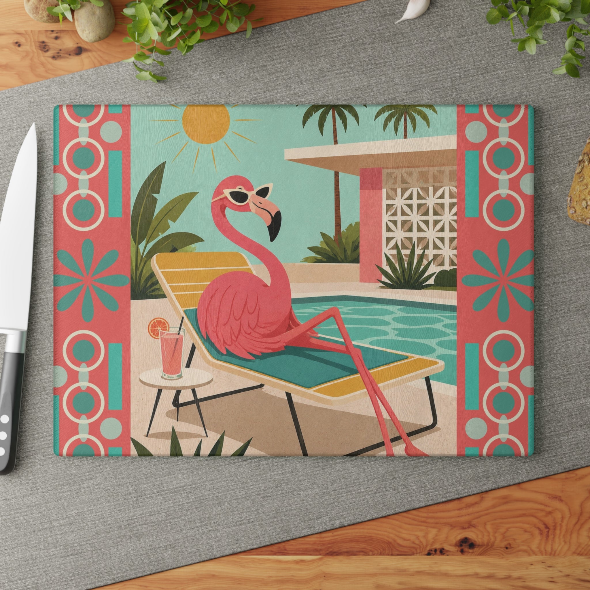 Retro Flamingo Poolside Glass Cutting Board | Mid Century Tropical Art