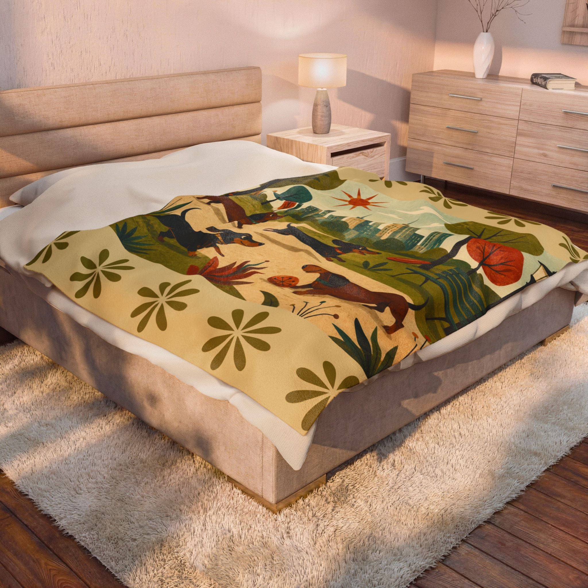 MCM Dachshund Park Scene Velveteen Plush Blanket | Retro City Park Dogs