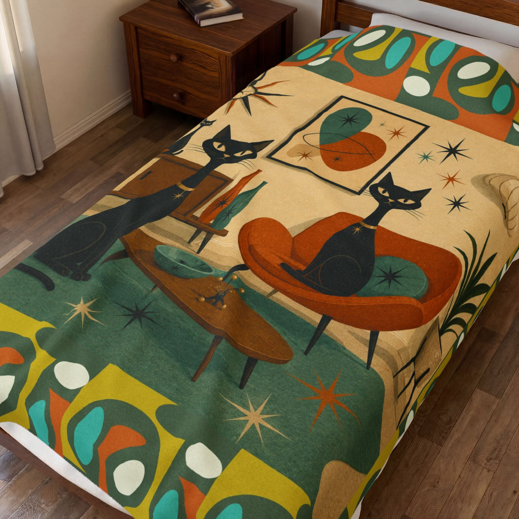 Mid Century Retro Atomic Black Cats Velveteen Plush Blanket | Vintage Atomic Living Room