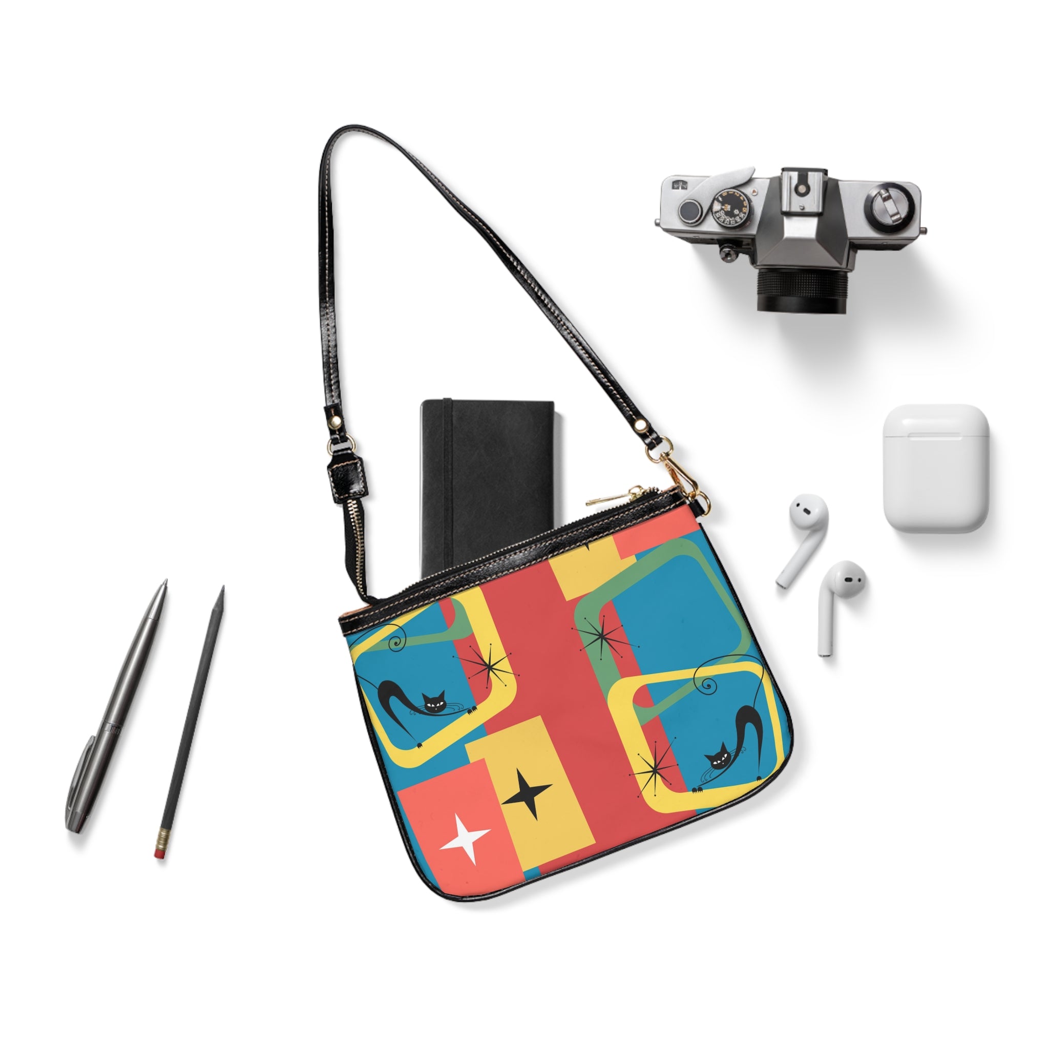 Atomic cat MCM Small Shoulder Bag Mid Century Modern retro kitschy 50s 60s inspired black cat lover handbag
