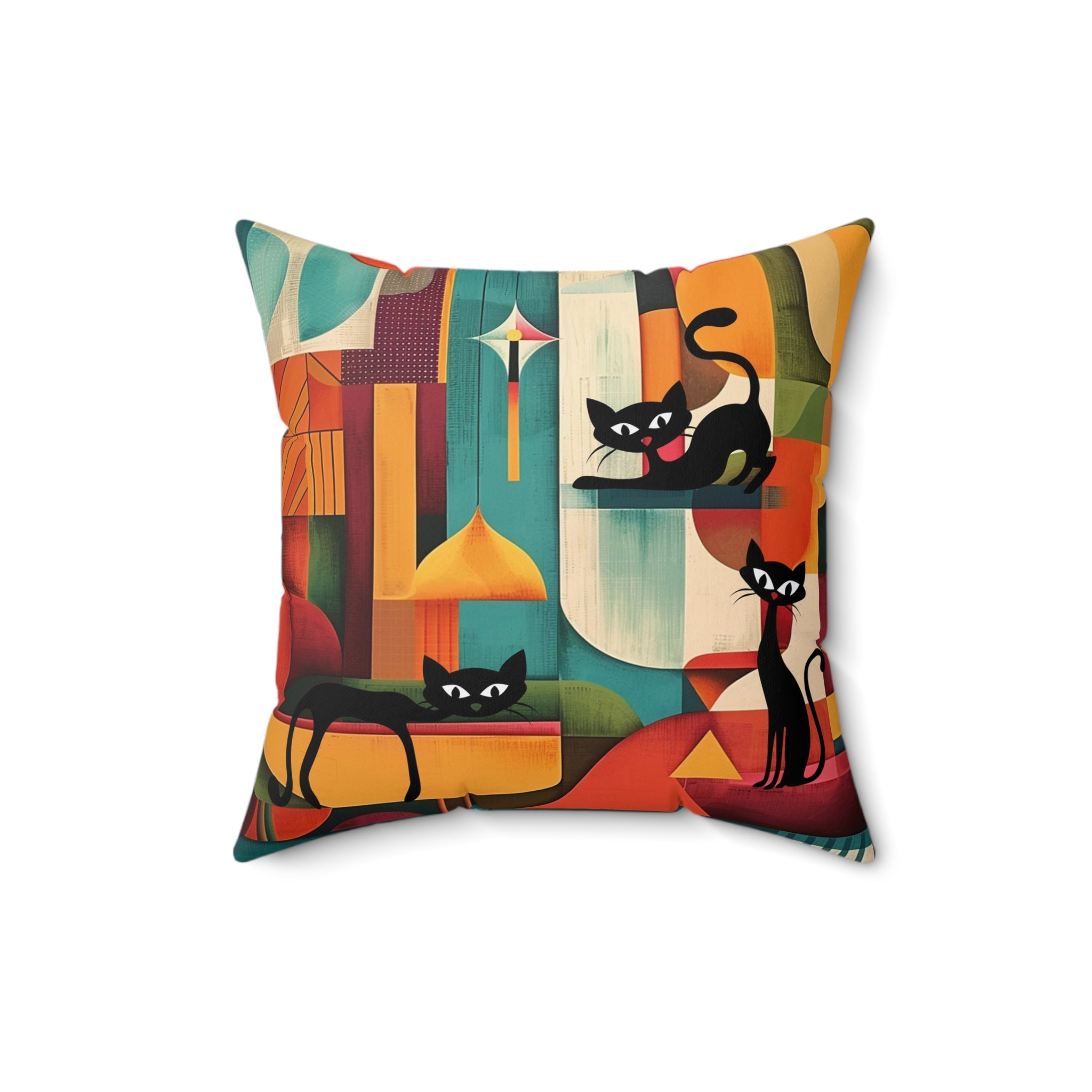 Atomic cat MCM Spun Polyester  Square Pillow, retro Mid Century Modern, black cat lover gift, 50s 60s, throw scatter cushion
