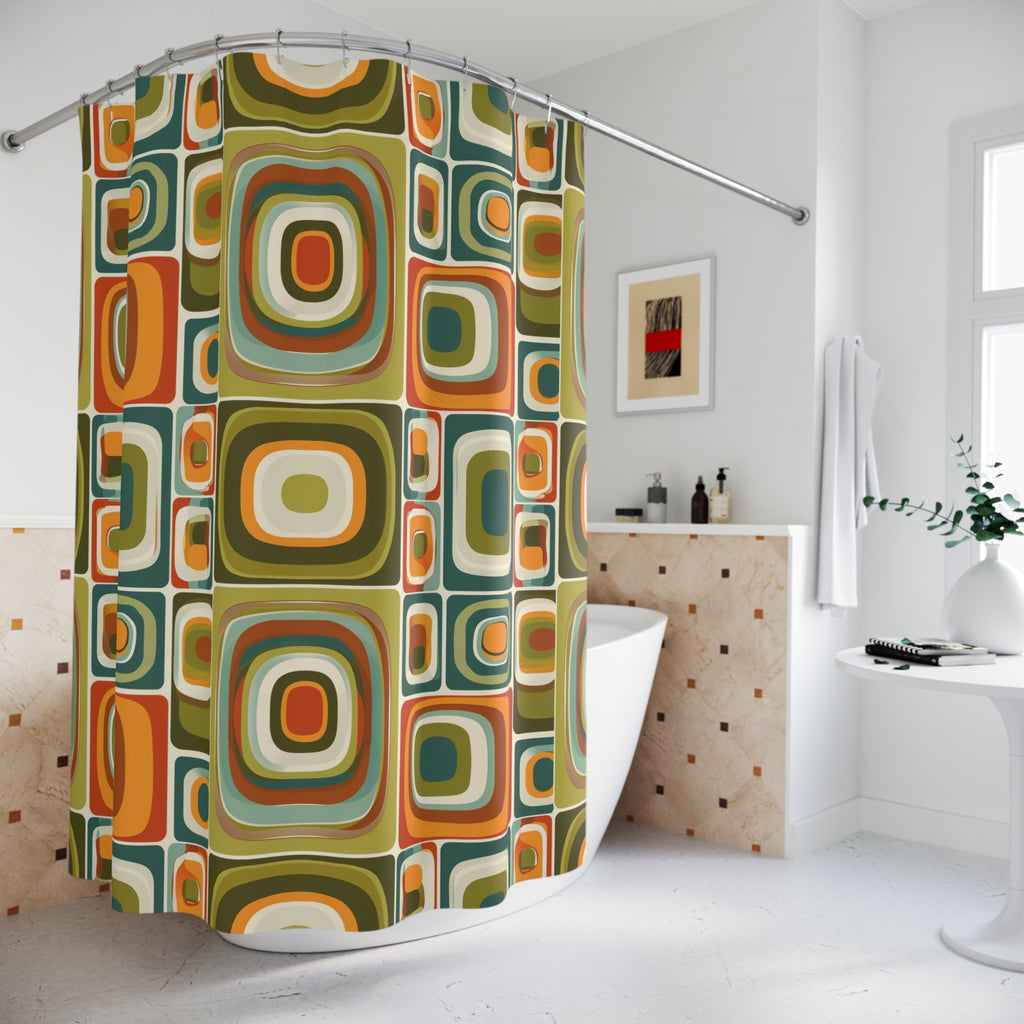 Groovy retro green and orange shapes Shower Curtain, retro bathroom, 60s 70s inspired design, funky shower curtain