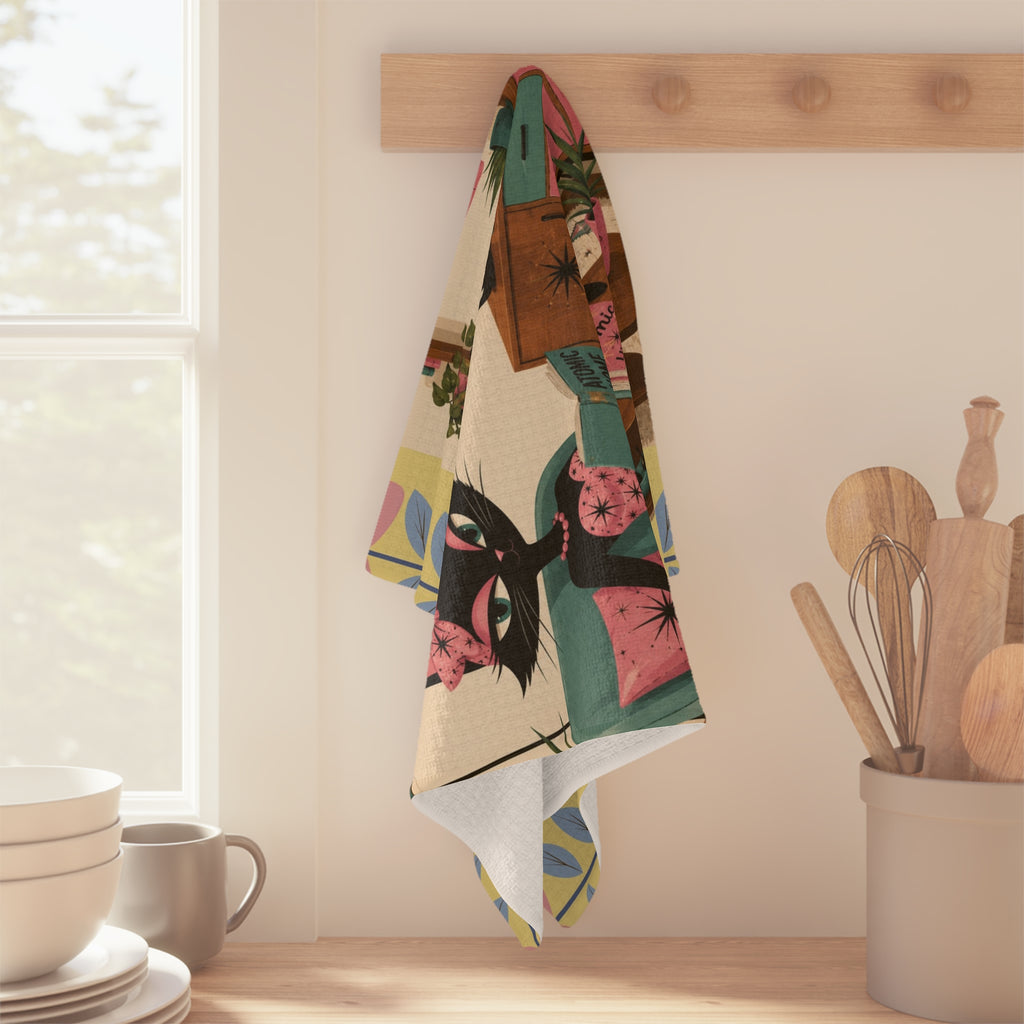 Retro Atomic Cat Lounge Microfiber Tea Towel | Mid Century Modern Cat Art