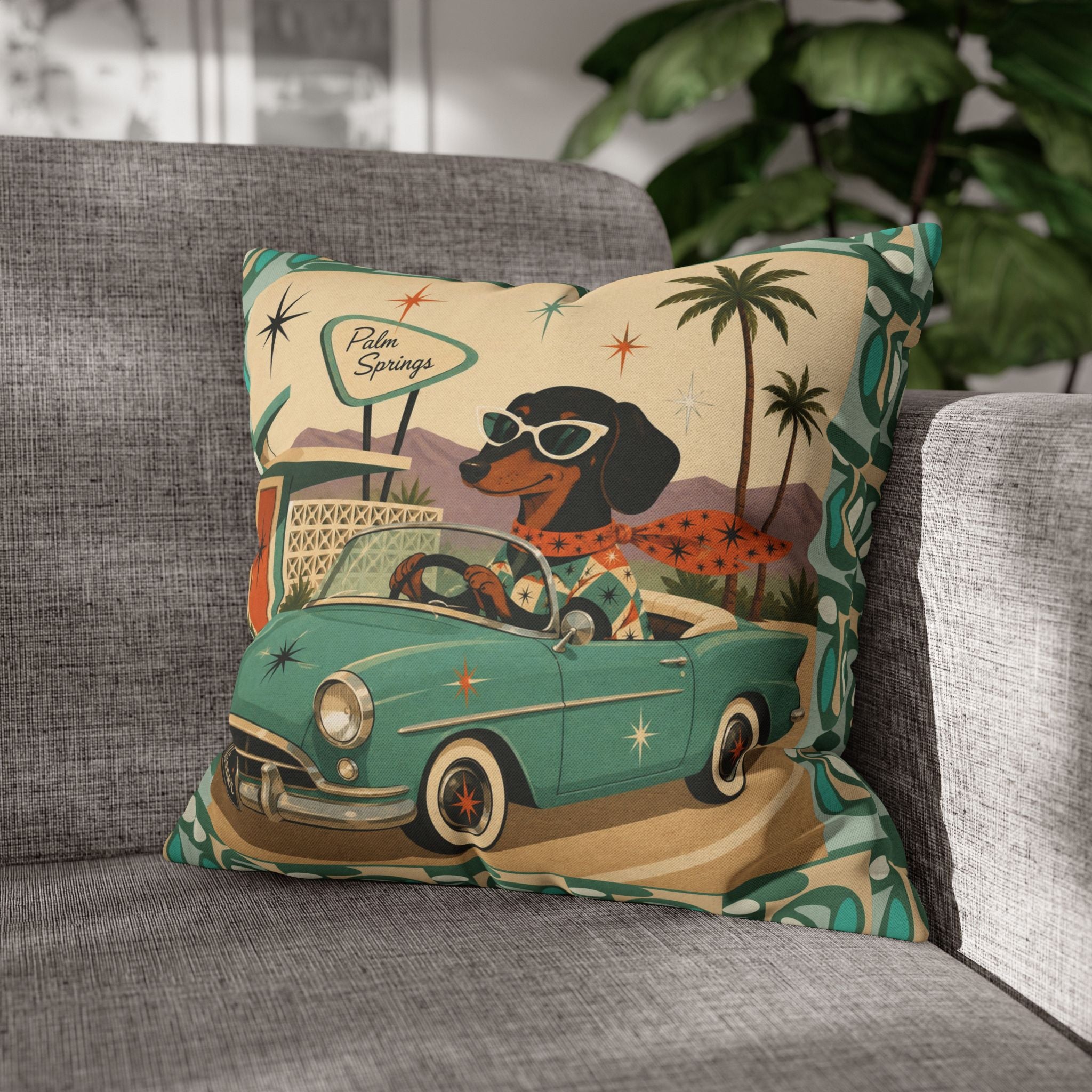 Retro Dachshund Driving Convertible Pillowcase | Palm Springs Vintage Car - COVER ONLY