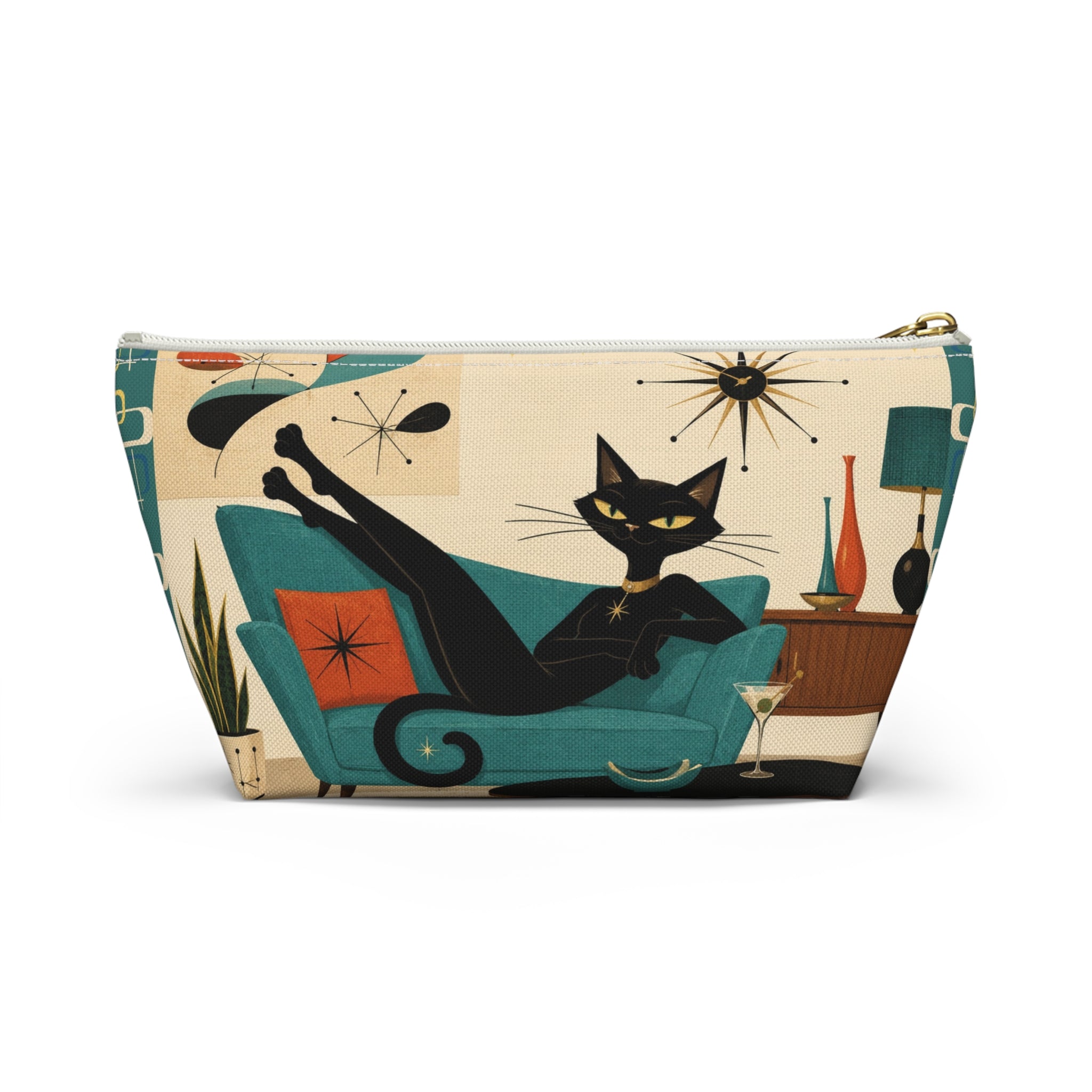Mid Century Atomic Black Cat Lounge Accessory Pouch | T-Bottom Cosmetic Bag