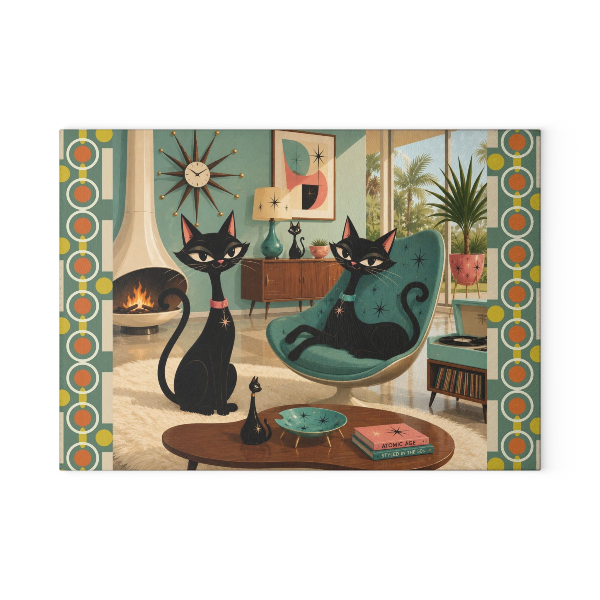Mid Century Black Atomic Cats Glass Cutting Board | Retro Living Room Art