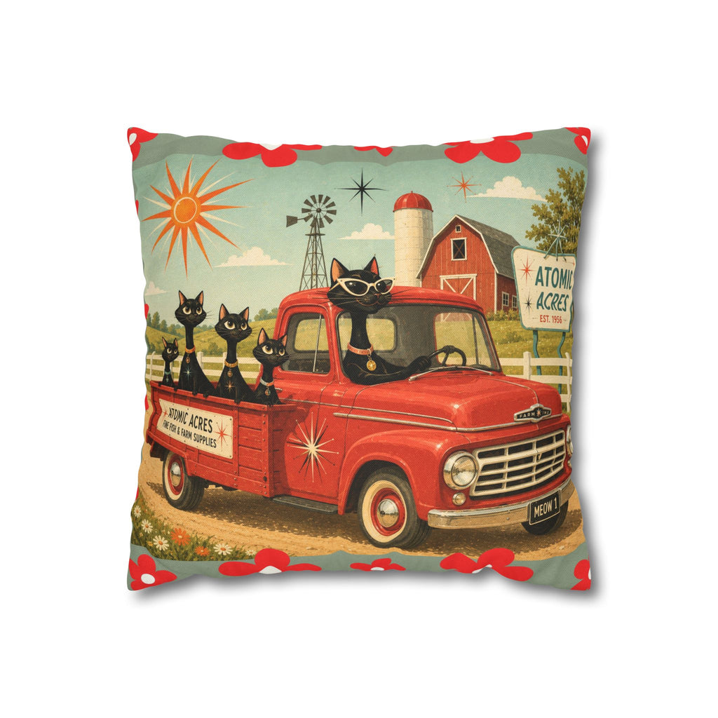 Retro Red Truck with Atomic Black Cats and kittens Pillowcase | MCM Square Pillowcase - COVER ONLY