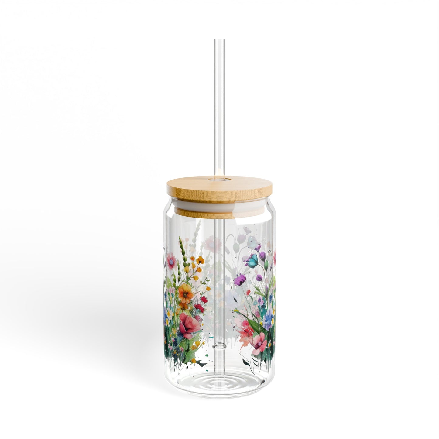 Wildflowers floral Sipper Glass, 16oz, flower glassware, cute coffee cup, iced coffee glass, drinking glass