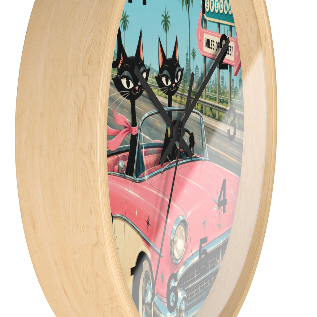 Retro Atomic Cat Roadtrip Wall Clock | Vintage Pink Convertible, Palm Trees