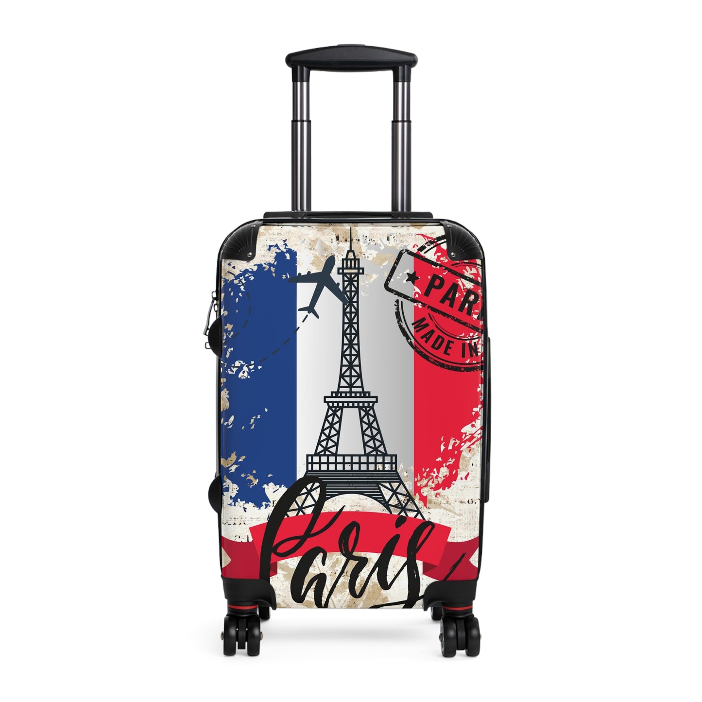 Made in Paris suitcase on wheels,  holiday in France, roller case, secure lockable carry on bags, hard shell travel suitcase