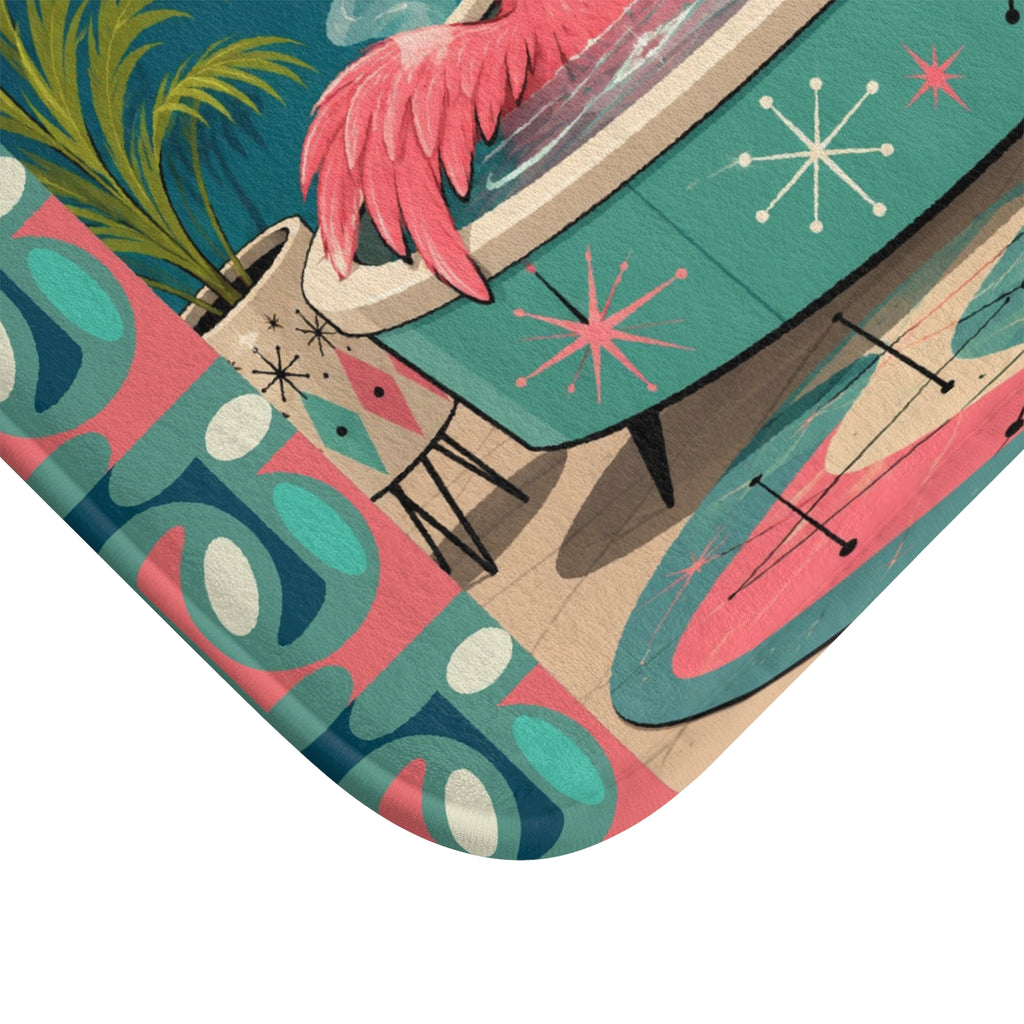 Retro Flamingo Pool Art Bath Mat | Mid Century Tiki Tropical Bath Rug