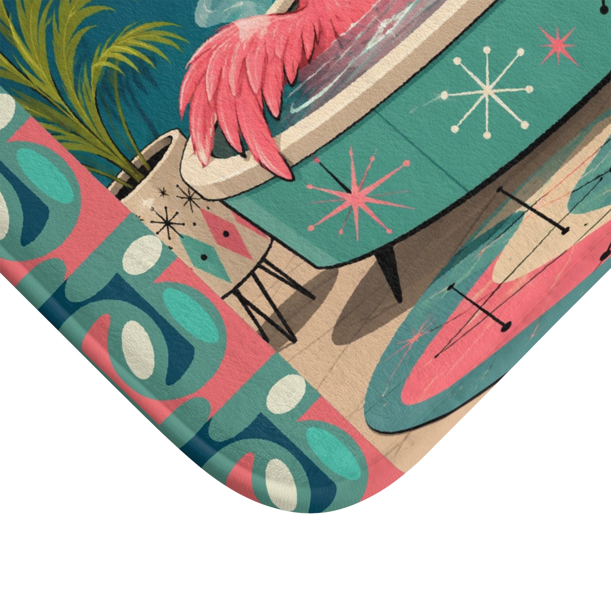 Retro Flamingo Pool Art Bath Mat | Mid Century Tiki Tropical Bath Rug