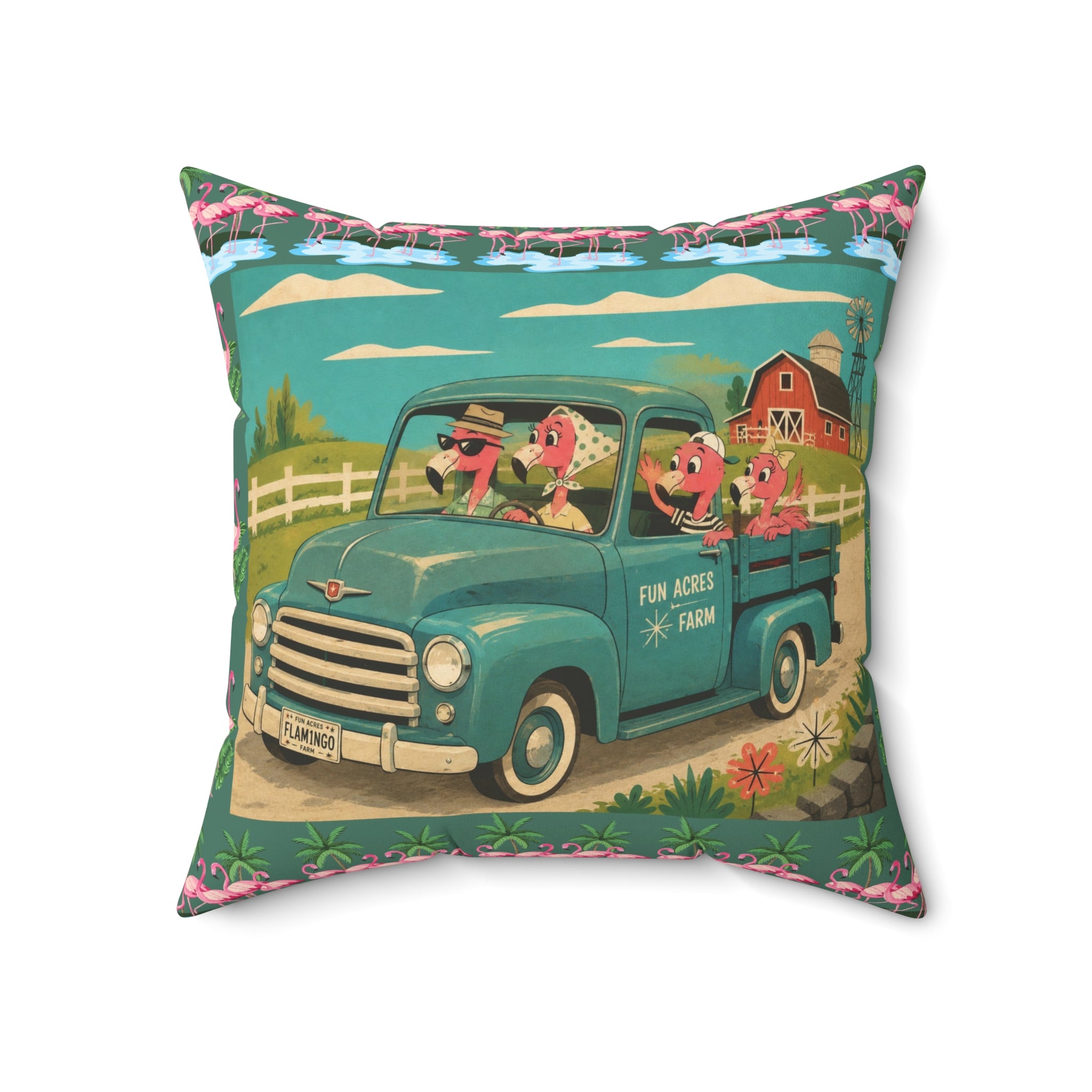 MCM Pink Flamingo Vintage Farm Truck Pillow | Retro Pickup with Farm Animals