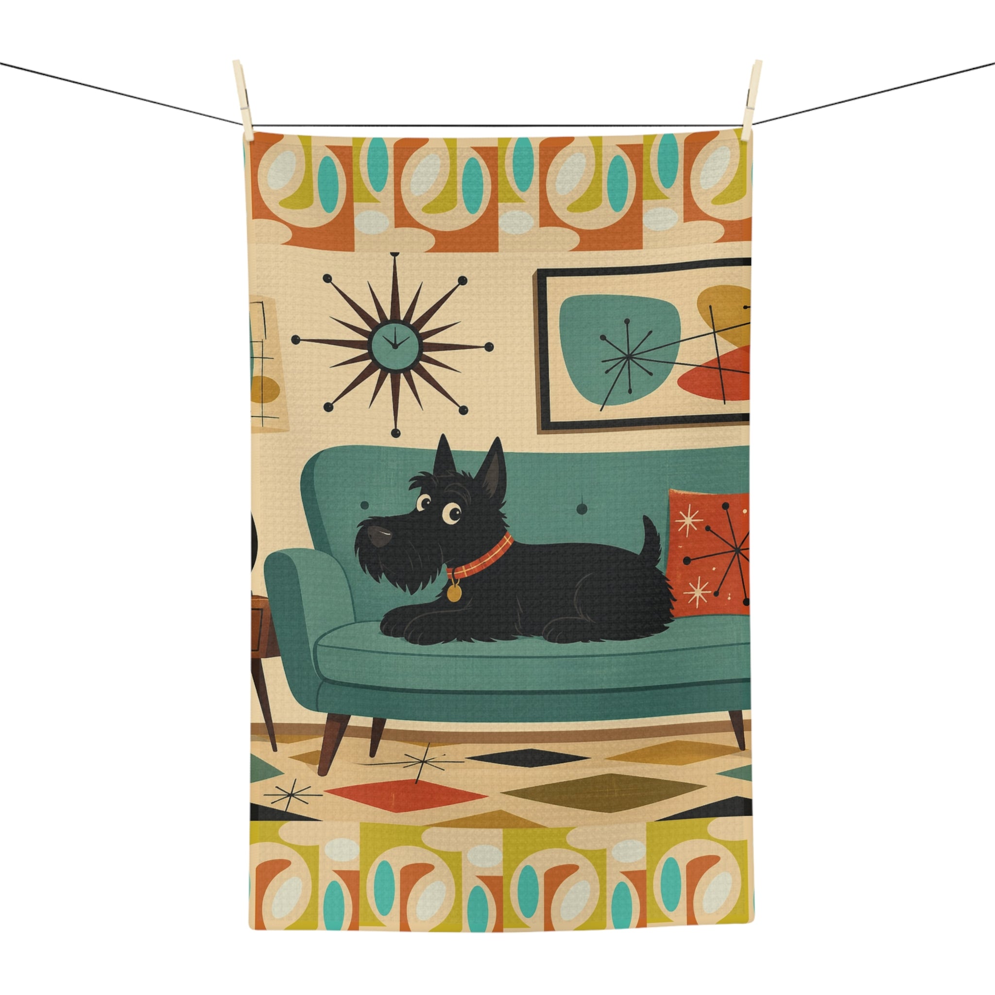 Mid Century Scotty Dog Microfiber Tea Towel | Retro Living Room Illustration