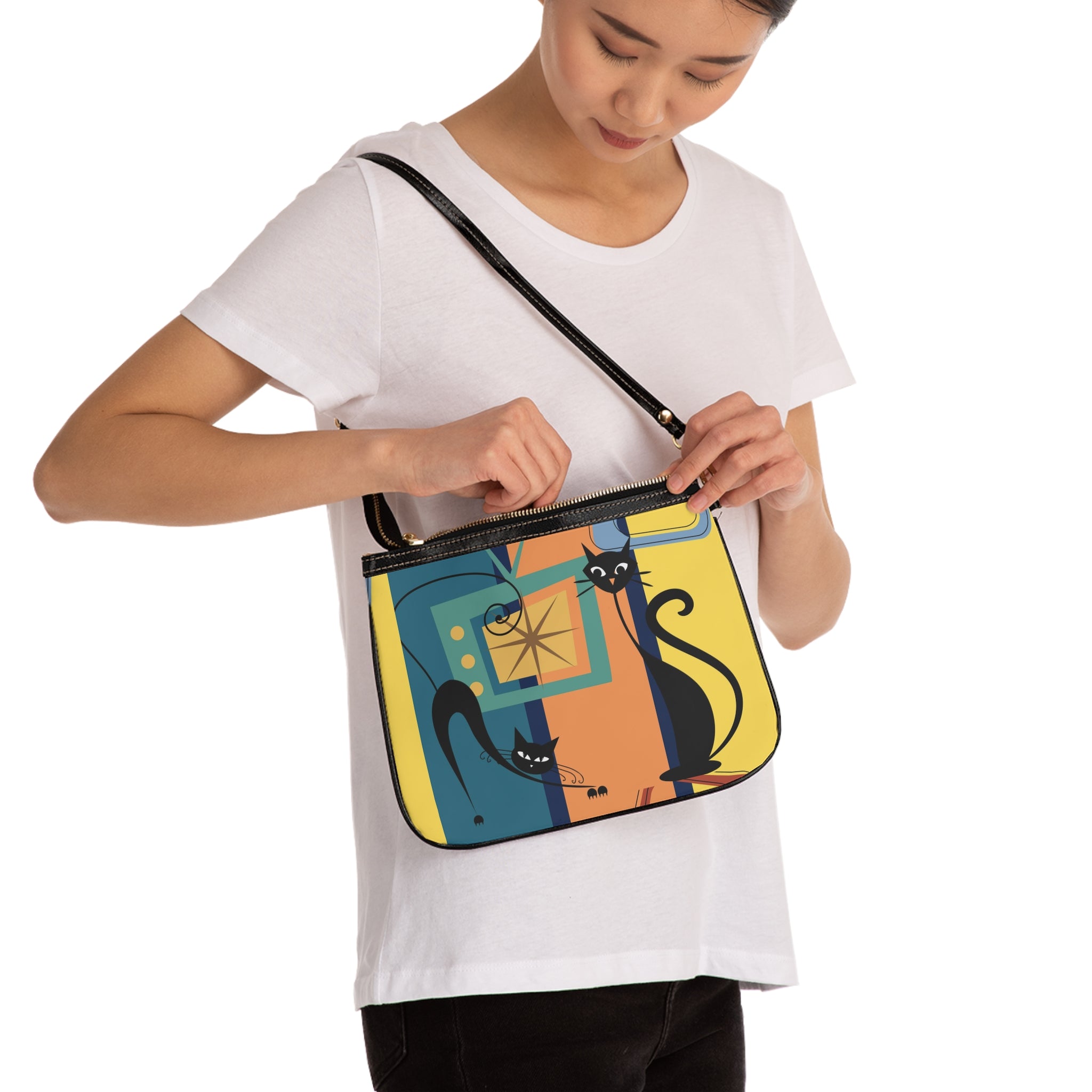 Cat Art Shoulder Bag – Retro Modern Black Cats Small Purse