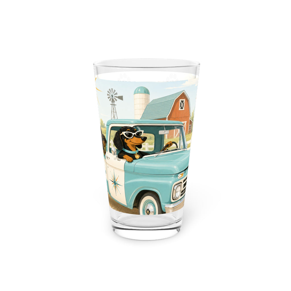 MCM Dachshund Family Road Trip Pint Glass | 16oz Retro Truck Design