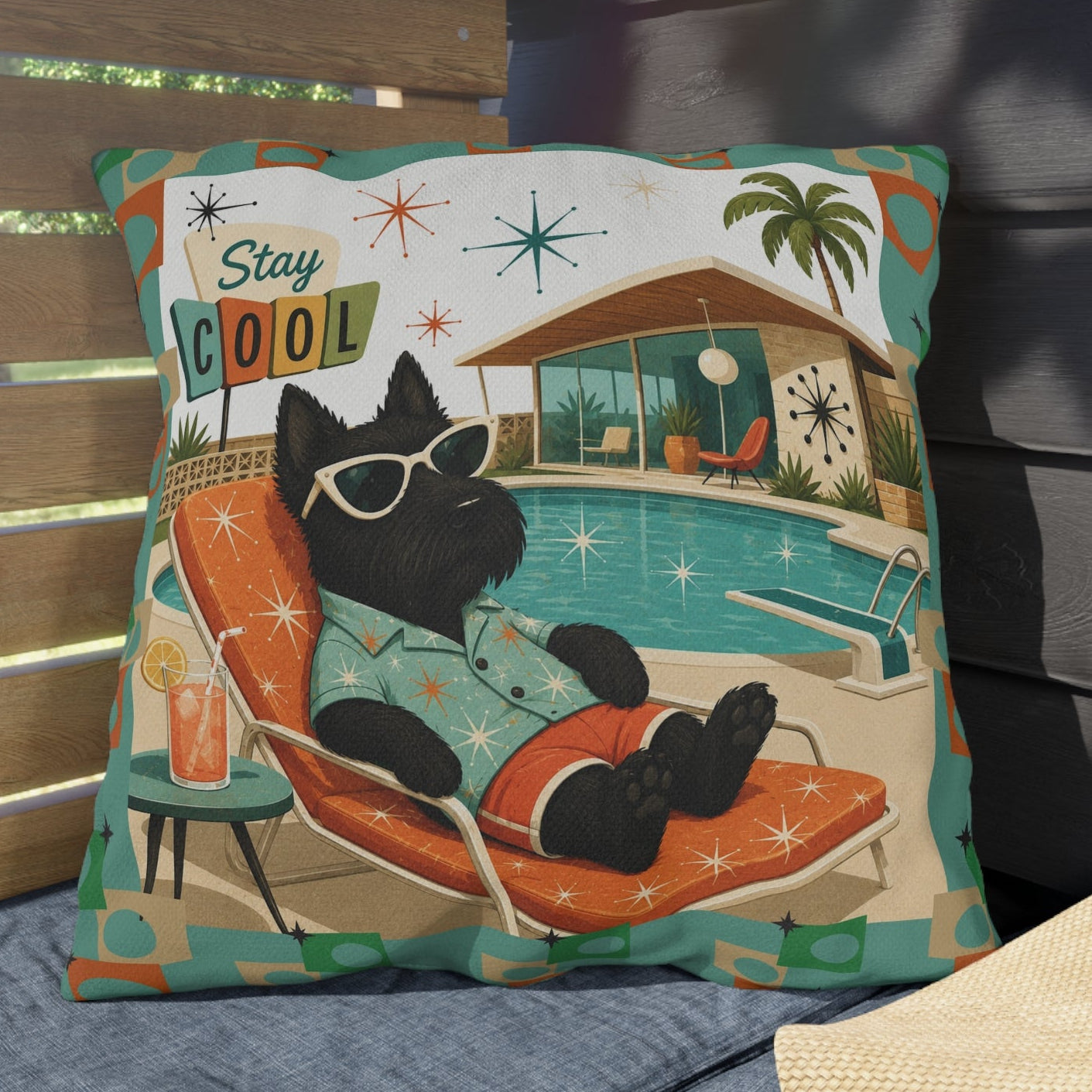 Retro Poolside Scottie Dog Stay Cool Outdoor Pillow | Mid Century Modern