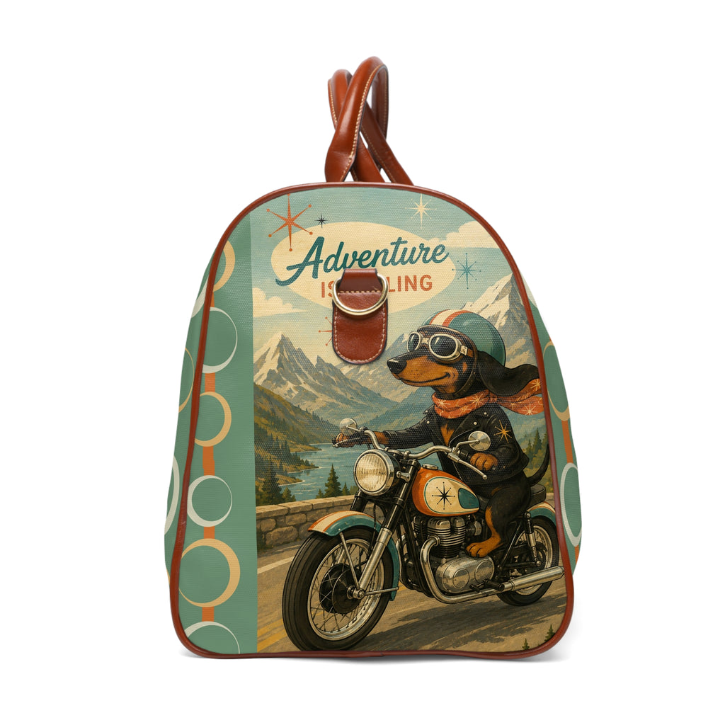 Dachshund Biker Illustration Waterproof Travel Bag | Vintage Motorcycle, Mountains, Adventure