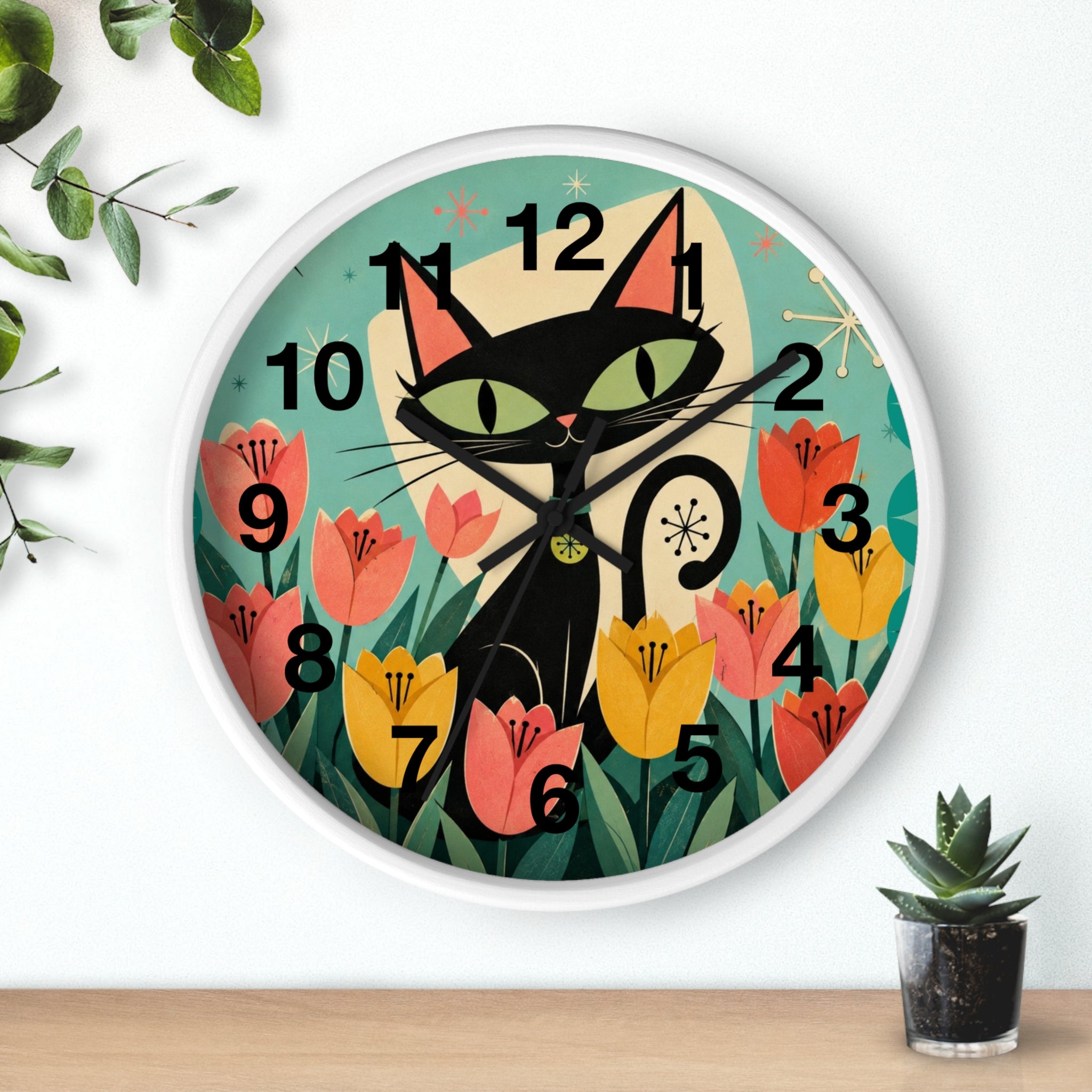 Atomic Black Cat in Tulips Wall Clock | Retro Cat Illustration, Spring Floral