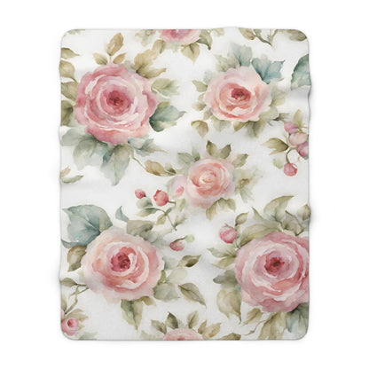 Pink Watercolor Rose shabby chic style Sherpa Fleece Blanket, French vintage inspired, floral flower pink throw snuggle blanket