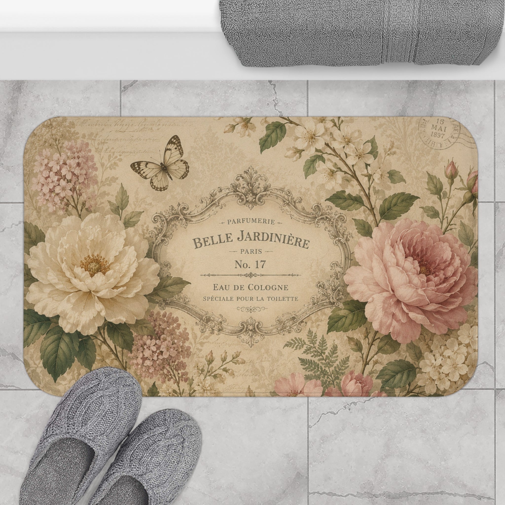 Vintage Floral Label Bath Mat | Shabby Chic Peonies, Butterflies
