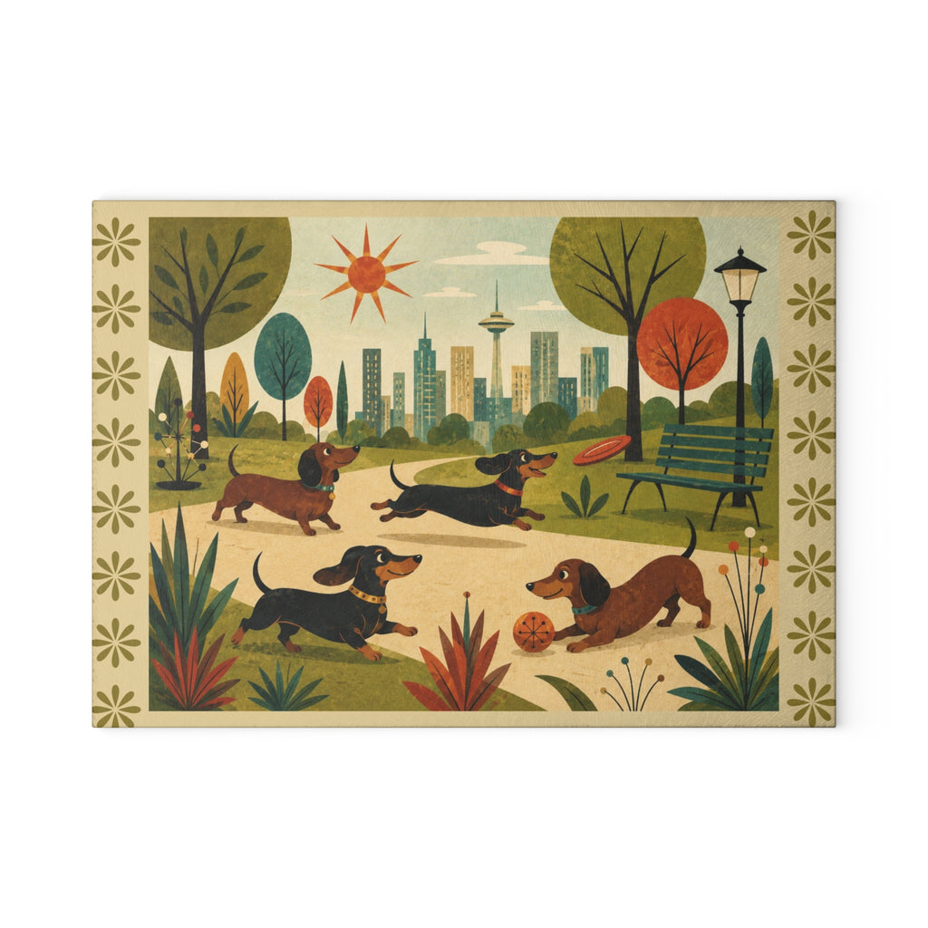 MCM Dachshund Park Scene Glass Cutting Board | Sausage Dog Illustration