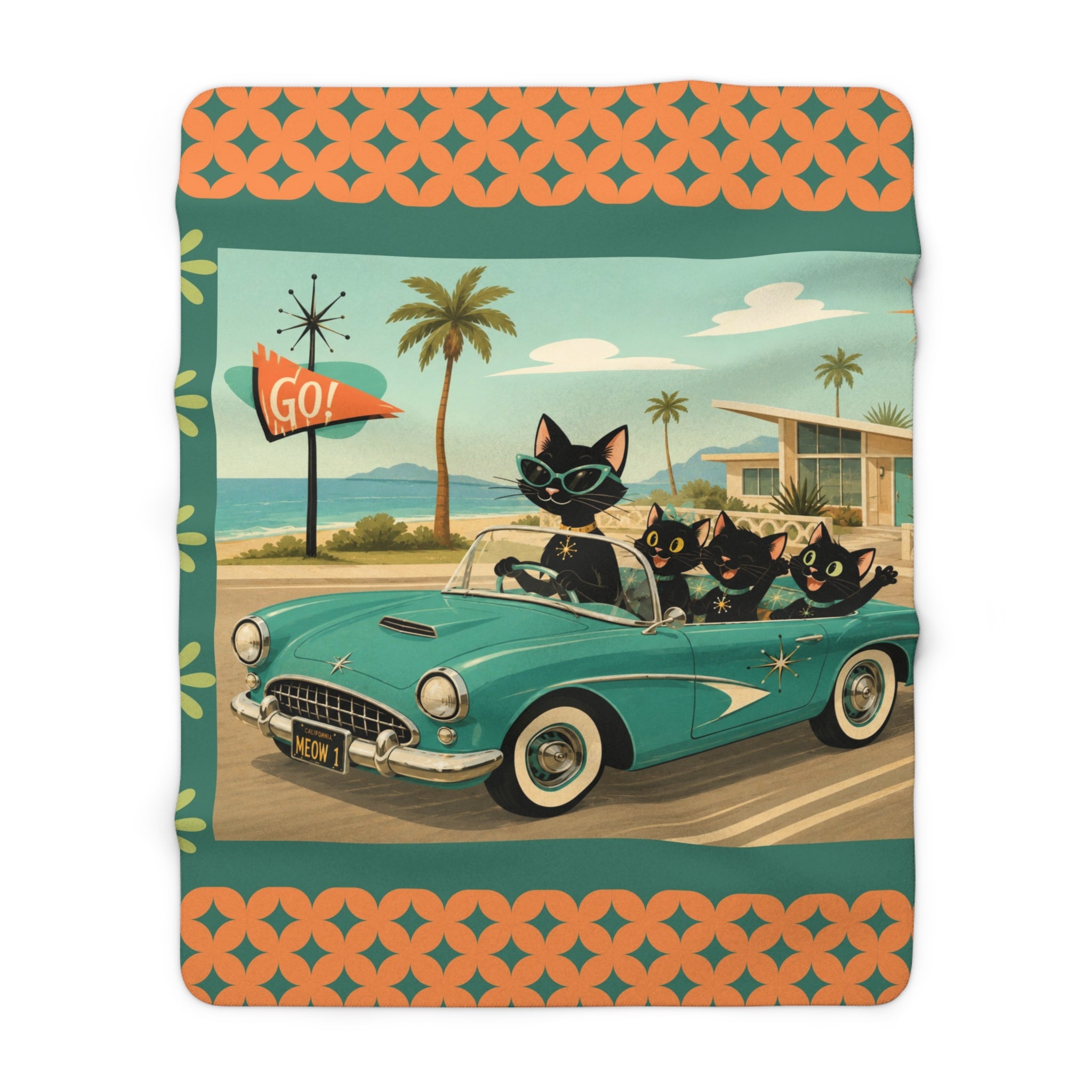 Retro Black Atomic Cats Driving Convertible Sherpa Blanket | Vintage Beach Roadtrip