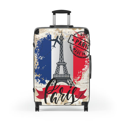 Made in Paris suitcase on wheels,  holiday in France, roller case, secure lockable carry on bags, hard shell travel suitcase